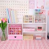 CONKAWACA Cute Bookshelves Cute Bookshelf for Desk Kawaii Desk Organizer with Drawer Office Desk Organizers and Accessories Storage Home Decor Display (Pink)