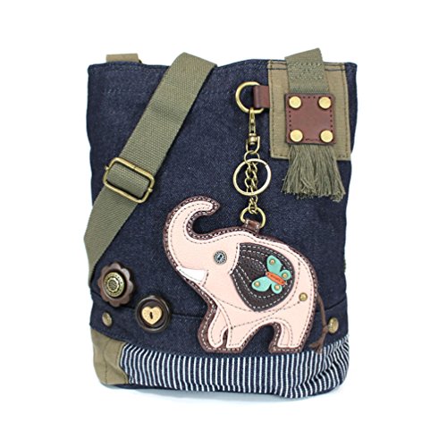Chala Patch Cross-Body Women Handbag, Blue Denim Canvas Messenger Bag (Pink Elephant)