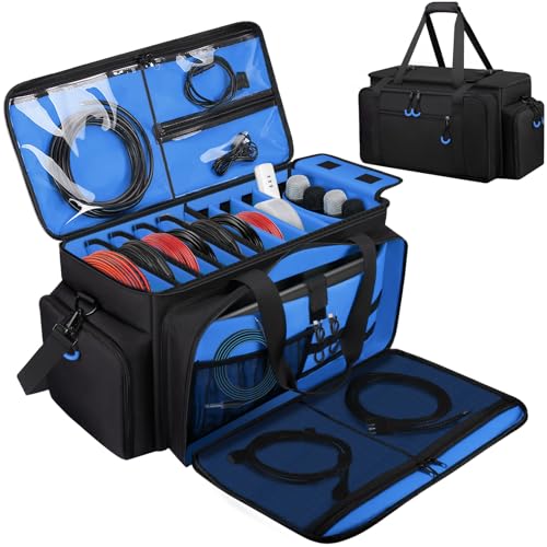 Large Dj Cable Bag with Laptop and Microphone Pocket, Dj Bag for Equipment and Music Accessories with Detachable Dividers, Bottom Pad, Dj Gig Bags for Musicians, Professional, Travel, Blue
