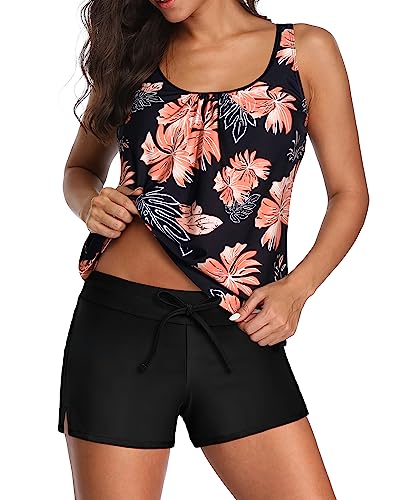 Aqua Eve Two Piece Women's Tankini Swimsuits Blouson Swim Tank Top with Shorts Modest Bathing Suits Black Floral L