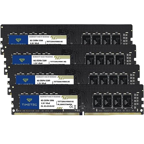 Timetec 32GB KIT(4x8GB) DDR4 3200MHz (or 2933MHz or 2666MHz) PC4-25600 Non-XMP CL22 1.2V Non-ECC Unbuffered 1Rx8 Single Rank 288 Pin UDIMM Desktop PC Computer Memory RAM Module Upgrade