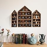 Ikee Design 3 Pcs Set House-Shaped Shelf Wooden Shadow Cubby Box Display Shelf Organizer Storage Display Shadow Box for Mini Figures,15 Compartments, Brown Color