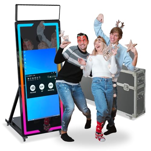 Magic Mirror Photo Booth with Flight Case Movable Mirror Photobooth Machine with Touch Screen for Events Parties Wedding Rental (Black, 65-43'' Mirror Photo Booth)