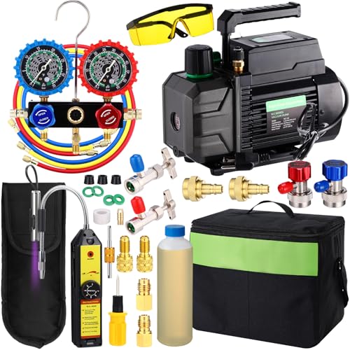 Threlaco AC Vacuum Pump and Gauge Set 3.5CFM 1/4, R134a R1234YF R32 R410a Refrigeration Manifold Gauge with Leak Detector Upgraded Trifold Case 3 Hoses, Can Taps for Mini Split/HVAC/Auto Systems