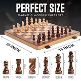 15 Inch Magnetic Wooden Chess Set for Adults & Kids - Folding Travel Chess Board with Handcrafted Staunton Pieces, Extra Queens, and Storage Slots