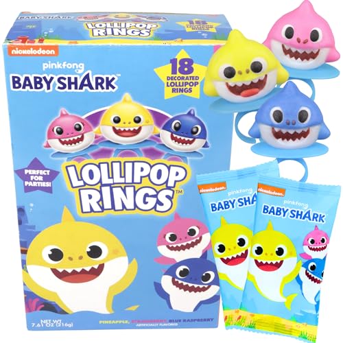 Imaginings 3 Baby Shark Lollipop Rings, Individually Wrapped Birthday Party Favors, Character Shaped Assorted Fruit Flavored Lollipops, Candy Goody Bag Fillers, 18 Rings