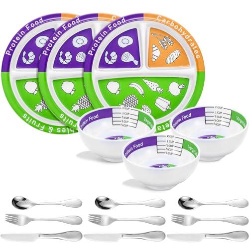 Jingmore 6 Pcs Bariatric Portion Control Set with 3 Bariatric Plates 3 Portion Control Bowls and Stainless Steel Flatwares for Adults Diet Balanced Eating Weight Loss Serving Plans(Simple)