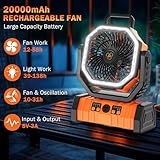 Camping Fan Rechargeable, 20000mAh Large Battery Powered Fan, 4 Speed Rechargeable Fan Portable with Remote, Battery Operated Fan with LED Light and Hanging Hook, Cordless Fan for Tent Picnic Outdoor