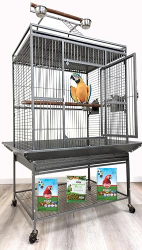 Extra Large Elegant and Durable Wrought Iron Climbing Ladder Perch Stand Play Top Ground Bird Parrot Rolling Metal Cage, Include Seed Guard (Black Vein, 32" x 23" x 69"H)