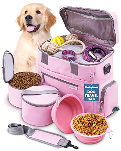 The Original Doggy Bag™ - Complete Dog Travel Bag for Supplies with 2 BPA-Free Travel Bowls & 2 Pet Food Containers - A Dog Mom Gift for Day Trips, Camping, Road Trips & Weekends Away - Lt. Pink