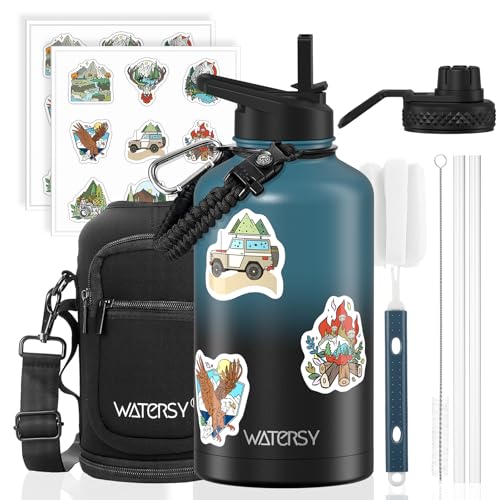 WATERSY 64oz Insulated Water Bottle (Cold for 48 Hrs),BPA Free&Leak Proof,Half Gallon Stainless Steel Water Flask,Water Jug with Straw Spout Lids for Gym,Hiking,Camping,Black Blue