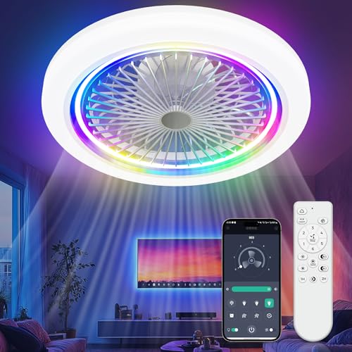 Acesal 19 in RGB Ceiling Fan With Led Lights: Low Profile Smart Ceiling Fans With Remote APP Control Enclosed Flush Mount Ceiling Fan With Quiet Motor Dimmable For Bedroom