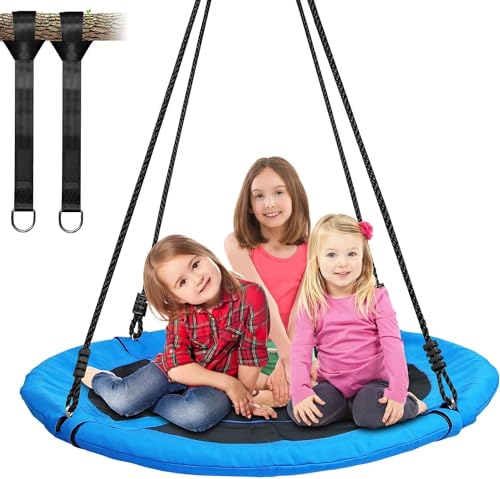 Trekassy 700lb 40 Inch Saucer Tree Swing for Kids Adults Outdoor 900D Oxford Waterproof with 2pcs Tree Hanging Straps, Steel Frame and Adjustable Ropes Blue