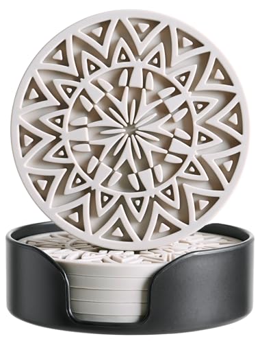 Hoomey Set of 6 Light Taupe Silicone Coasters with Holder, Drink Coasters with Tribal Pattern Shape- for Table Protection, Anti Slip, Nonstick, Heat Resistant, Deep Tray