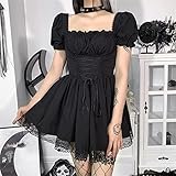 Women Gothic Dress Short Puff Sleeve Backless Y2k E-Girl Mall Goth Dresses Vintage Ruched Emo Lace up Draped Bodycon