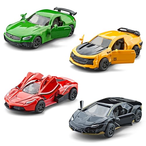KIDAMI Racing Cars Die-cast Metal Toy Cars Set, Mini Toddler Toy Vehicle with Openable Doors, Pull Back Car, Gift Pack for Kids (4 Pack)