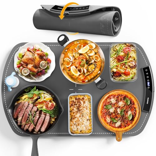 Food Warming Mat, Electric Warming Tray for Buffets & Parties, Silicone Heating Mat for Food with 9 Temperature Settings, Roll-Up Storage, 25.8"x15.6", Grey