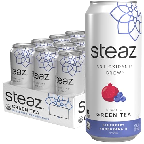 Steaz - Organic Green Tea - Blueberry Pomegranate (12 Pack) - Antioxidant Brew - 65mg Natural Caffeine, 90 Calories, Vitamin C - Cane Sugar Sweetened Iced Tea - Vegan - 12 Cans, 16 fl oz (473mL)