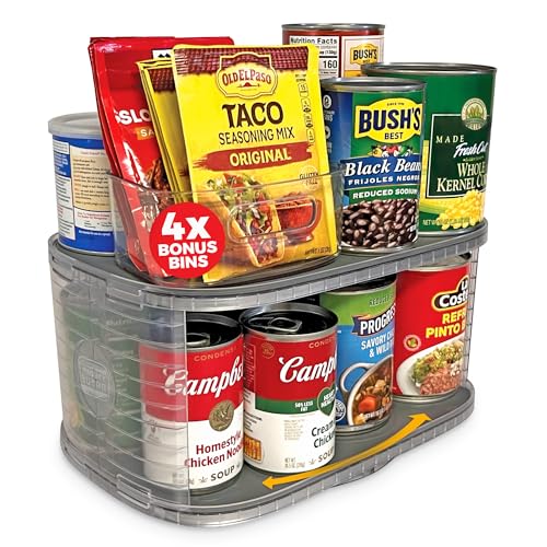 Mighty Susan Kitchen Organizer for Canned Goods: 2-Tiered Robust Turntable Organizer for Cabinet/Pantry. Steel Reinforced Holds Up To 30 lbs. Rotates 360° for Maximum Visibility. Includes 4 Bonus Bins
