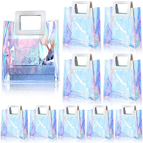 Cindeer 20 Iridescent Gift Bags Bulk, Clear Holographic Tote Bags, Reusable Party Favor Bags for Women(7 x 4 x 8 Inch)