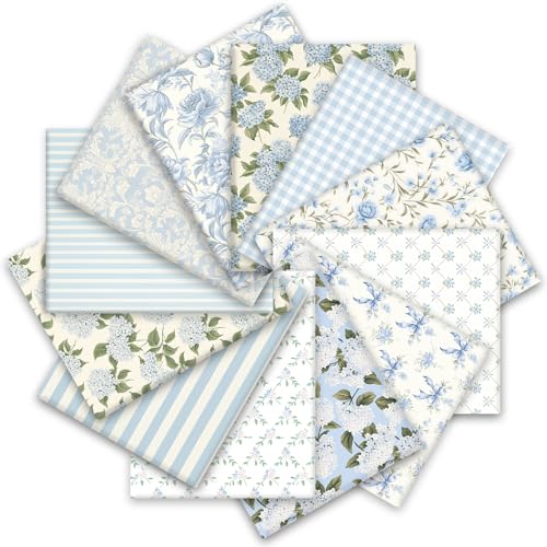 JarThenaAMCS 12Pcs Hydrangea Cotton Fabric Bundles 18 x 22 Inch Watercolor Dusty Blue Floral Fat Quarters Flower Plaid Stripe Sewing Fabrics for DIY Craft Party Decor
