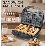 10 in 1 Waffle Maker with Removable Plates, 750W Electric Breakfast Sandwich Maker with Non Stick Coating, Compact Dual Panini Press Grill Machine for Donuts, Madeleine, Burgers, Snacks and Desserts