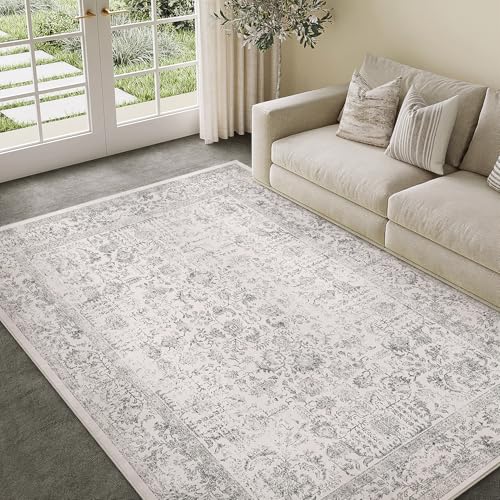 PureCozy Gray Area Rug 5x7 Machine Washable Vintage Living Room Distressed Non Slip Carpet Traditional Indoor Bedroom Grey Retro Floral Accent Throw Large Rug for Office Kitchen Bathroom Dining Room