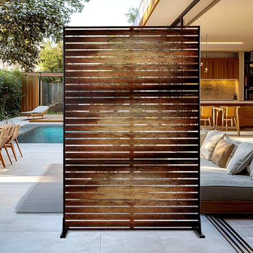 FENCY Metal Outdoor Privacy Screen 72" H×47" W Vintage Wood Color Patio Privacy Screen, Freestanding Decorative for Deck Balcony Patio