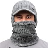 30% Wool Winter Beanie w/Visor & Earflaps for Men Outdoor Fleece Hat Scarf Set