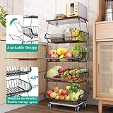 Fruit Basket Kitchen Pantry Organizers and Storage - Wooden Top Table, Stackable Metal Wire Basket Stand Cart For Fruit Vegetable Snacks Jars Bins Containers Organization, Black