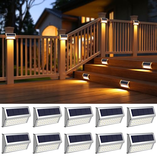 ROSHWEY Deck Lights, 10 Pack 30 LED Deck Lights Solar Powered Outdoor Waterproof, Patio Step Lighting Outdoor Decor, Stainless Steel Backyard Lamp for Garden Yard Porch Stair Railing, Warm White