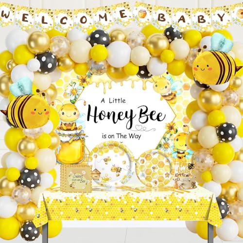 Party Inspo Bee Baby Shower Decorations, Honey Bee Baby Shower Supplies, A Little Honey Bee is On The Way Decorations Backdrop Balloon Banner Tablecloth Cake Topper Plates Napkins Forks Yellow 203PCs