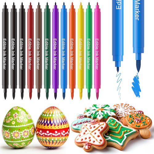 Jewem Edible Markers for Cookie Decorating,12Pcs Food Coloring Pens, Double Side Food Grade Pens with Fine & Thick Tip for Decorating Fondant, Cakes, Cookies, Easter Eggs, Frosting, Macaron