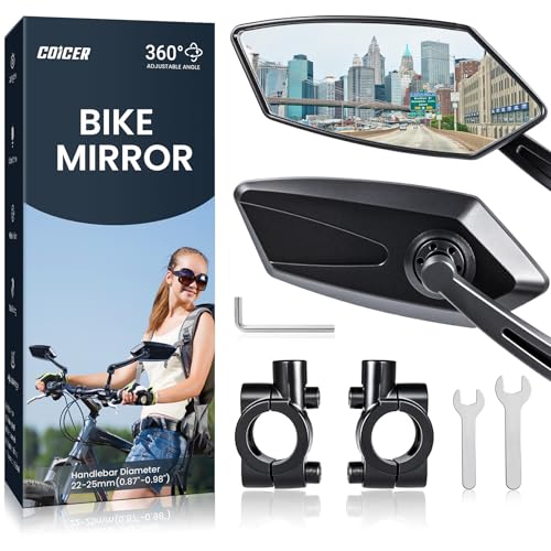 2pcs Bike Mirror Handlebar Mount 360° Adjustable, Wide Rear View Mirror Bicycle Mirrors for Handlebars with Scratch Resistant Glass, Bike Rear View Mirror for Scooter, Motorcycle, Bike Accessory