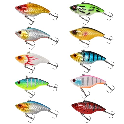 NOBONDO 10 PCS Lipless Crankbait Fishing Lures for Saltwater Freshwater – 3/5 OZ VIB Lures with 3D Eyes, Sinking Vibe Crank Baits Swimbaits Minnow for Bass Trout Catfish Pike Walleye
