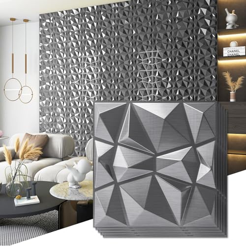 Art3d 3D Diamond Design Paneling for Interior Decor, Living Room, TV Wall Background, Bedroom, Gaming Setup, 11.8" x 11.8", Silver, 33 Pack