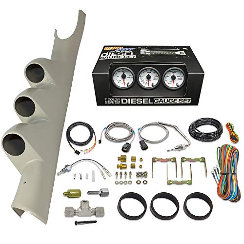 GlowShift Diesel Gauge Package Compatible with Dodge Ram Cummins 2500 3500 2003-2009 - White 7 Color 60 PSI Boost, 1500F EGT & Transmission Temp Gauges - Factory Color Matched Triple Pillar Pod