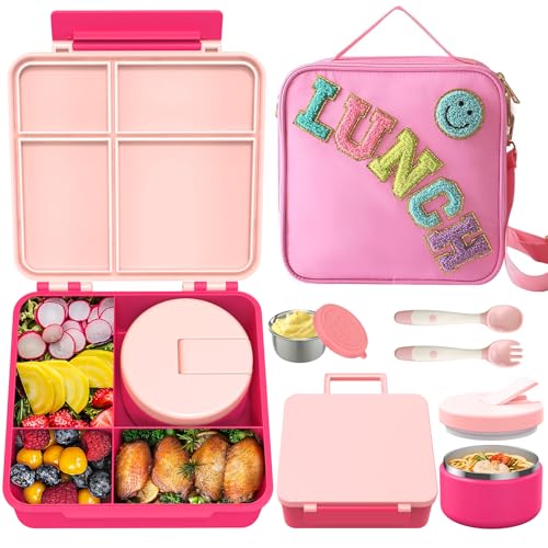 Aimsnk Kids Bento Lunch Box with 8oz Soup Thermo, Kids Leakproof Lunch Food Containers with 4 Compartment,Insulated Hot Food Jar with Lunch Bag for School, Travel(Pink)