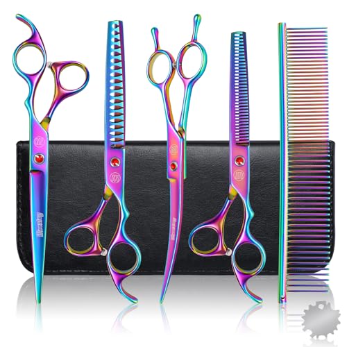 Professional Dog Grooming Scissors Set, 7 Inch/8 Inch Pet Grooming Scissors Chunkers Shears for Dog, Curved Dog Grooming Scissors, Thinning Shears for Dog with Grooming Comb