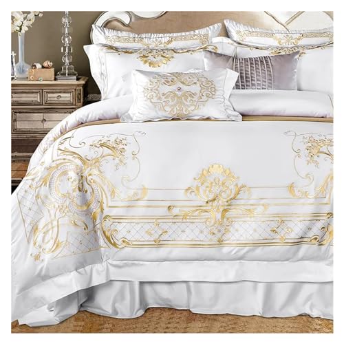 White Egyptian Cotton Bedding Set Us King Queen Size Chic Golden Embroidery Bedding Sets Super Soft Bed Sheet Set Duvet Cover,All Season,One Color,Queen Size 4pcs