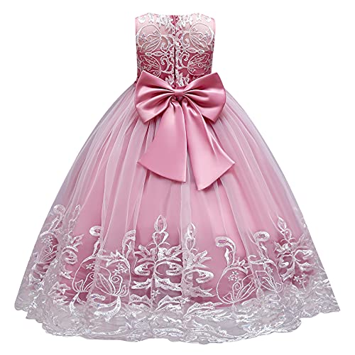 Flower Girl Lace Dress for Kids Wedding Bridesmaid Pageant Party Formal Long Maxi Gown Big Little Princess First Communion Birthday Dance Prom Sequins Bow Puffy Tulle Dresses Dusty Pink 5-6 Years