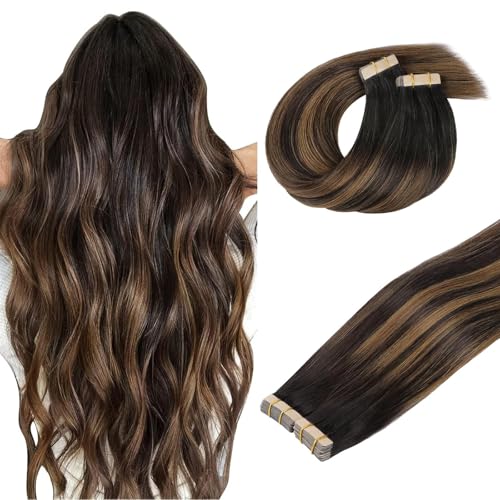 DOORES Tape in Hair Extensions Human Hair, Balayage Dark Brown to Chestnut Brown 100g 40pcs 18 Inch, Hair Extensions Natural Hair Extensions Remy Straight Hair Skin Weft