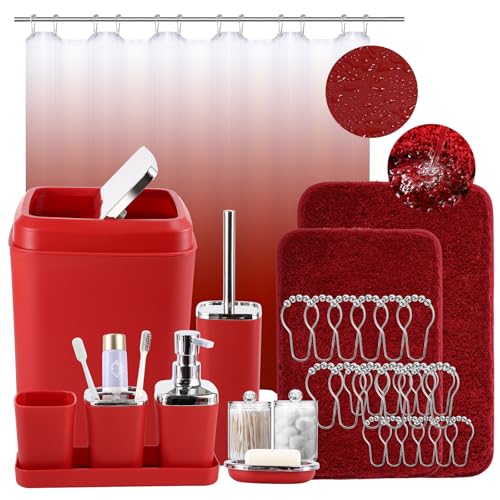 XLHOMO Burgundy Bathroom Accessories Set with Shower Curtain and Rugs, Dark Red Bathroom Accessories with Trash Can,Toothbrush Holder and Cup,Soap Dispenser,Tray,Soap Dish,Toilet Brush,Qtip Holders