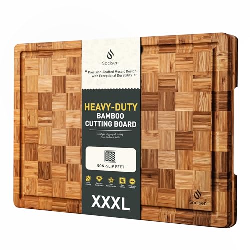 Extra Large Bamboo Cutting Board with Non Slip Feet and Over Sink Butcher Block Chopping Board Nice Solid Thick Wooden Juice Groove Big Xl XXl xlarge Best Hardwood Kitchen Counter Organic