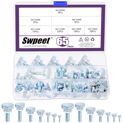 Swpeet 65Pcs 7 Size M3 M4 M5 M6 M8 Zinc Plated Knurled Thumb Screws Assortment Kit, Flat Knurled Head Fully Threaded Thumb Screws Bolts Fastener, Knurled Thumb Screw with Shoulder Grip Knobs Fasteners