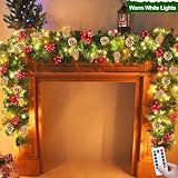 Remote Control & Timer & 8 Modes 9 Ft Prelit Christmas Garland 50 Warm White LED Lights Cedar garland Battery Operated 300 Thick Branch Bristle Pine 198 Red Berries Pinecones Xmas mantle Decor Garland