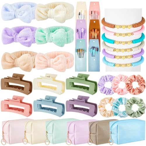 Zeyune 36 Pcs Gifts Sets Bulk for Teen Tween Women Preppy Party Favors Sets Preppy Makeup Bags Set Hair Pin Scrunchies Headbands Bracelets Cute Trendy Stuff Gift for Women Friend Bestie Birthday