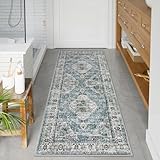 Uphome Bathroom Runner Rug, Distressed Tribal Farmhouse Blue Bathroom Mat, Long Bathroom Rugs Non Slip Washable, Oriental Retro Boho Bath Mat Runner for Bathtub Sink Hallway, 24x59 inch