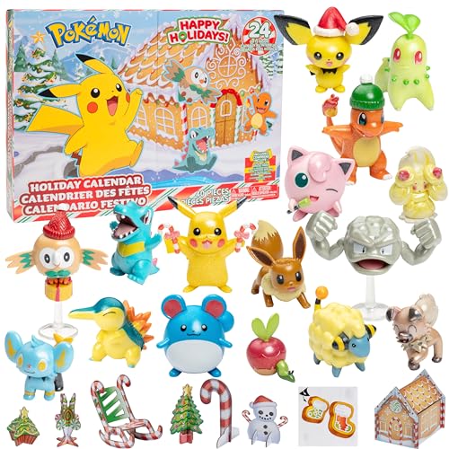 Pokémon Holiday Advent Calendar Playset for Kids - 24 Piece Christmas Gift Set - Character Figures Include Pikachu, Eevee, Charmander & More! - 16 Pokemon Toys & 8 Accessories - For Boys & Girls 4+