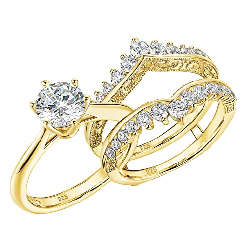 Wuziwen 2 Carats Bridal Ring Set for Women Yellow Gold Cubic Zirconia CZ Anniversary Band Size 7